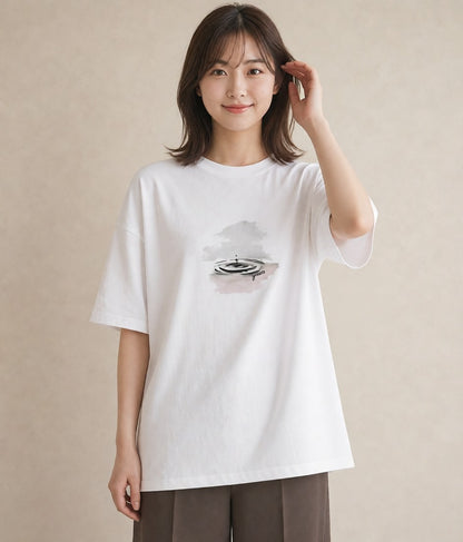 Tシャツ レディース 遠い家と鳥 風景 鳥 ナチュラル アンティーク イラスト ラフカジュアル 帰省 ラフ 白T YMAZO
