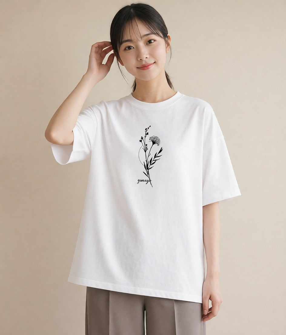 Tシャツ レディース 小花 花 フラワー イラスト カジュアル 女性 旅行用 白T YMAZO