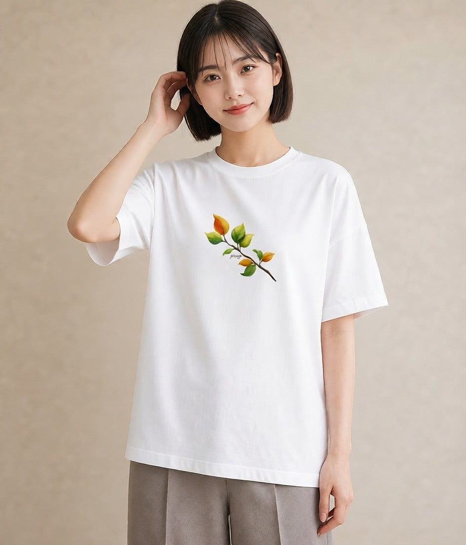 グラフィックTシャツ レディース 落ち葉 植物 ボタニカル イラスト シック 20代 カジュアルコーデ 白T YMAZO