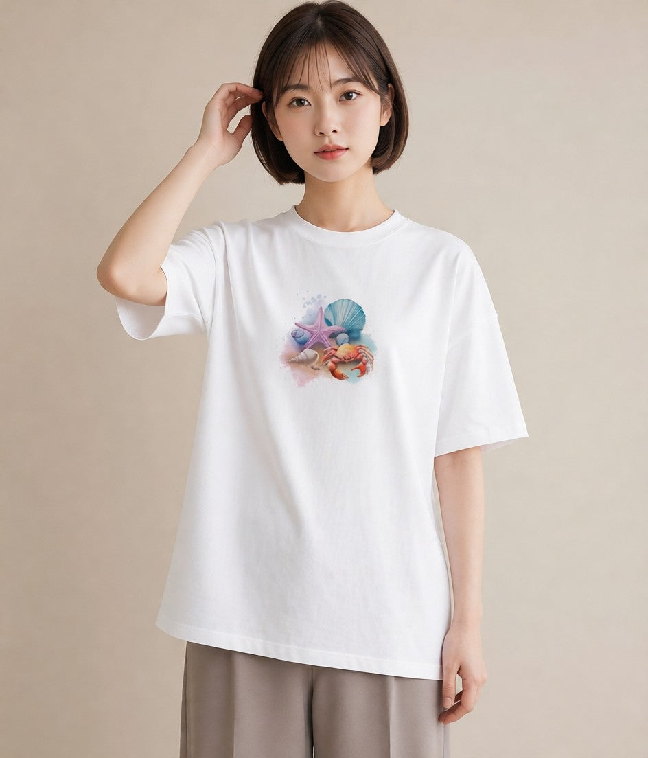 半袖Tシャツ レディース カニ 海の生き物 海 イラスト ユニーク 親子 20代 白T YMAZO