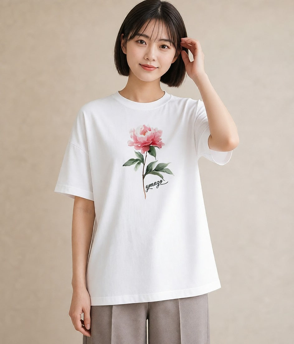 Tシャツ レディース 牡丹 花 花柄 イラスト きれいめカジュアル クリスマス 旅行 白T