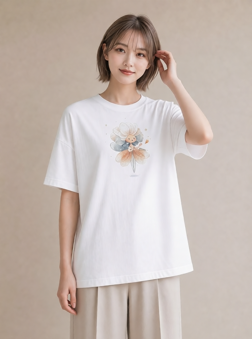 グラフィックTシャツ レディース カスミソウ かすみ草 花 花柄 イラスト ゆるかわ 海 カフェ巡り 白T YMAZO