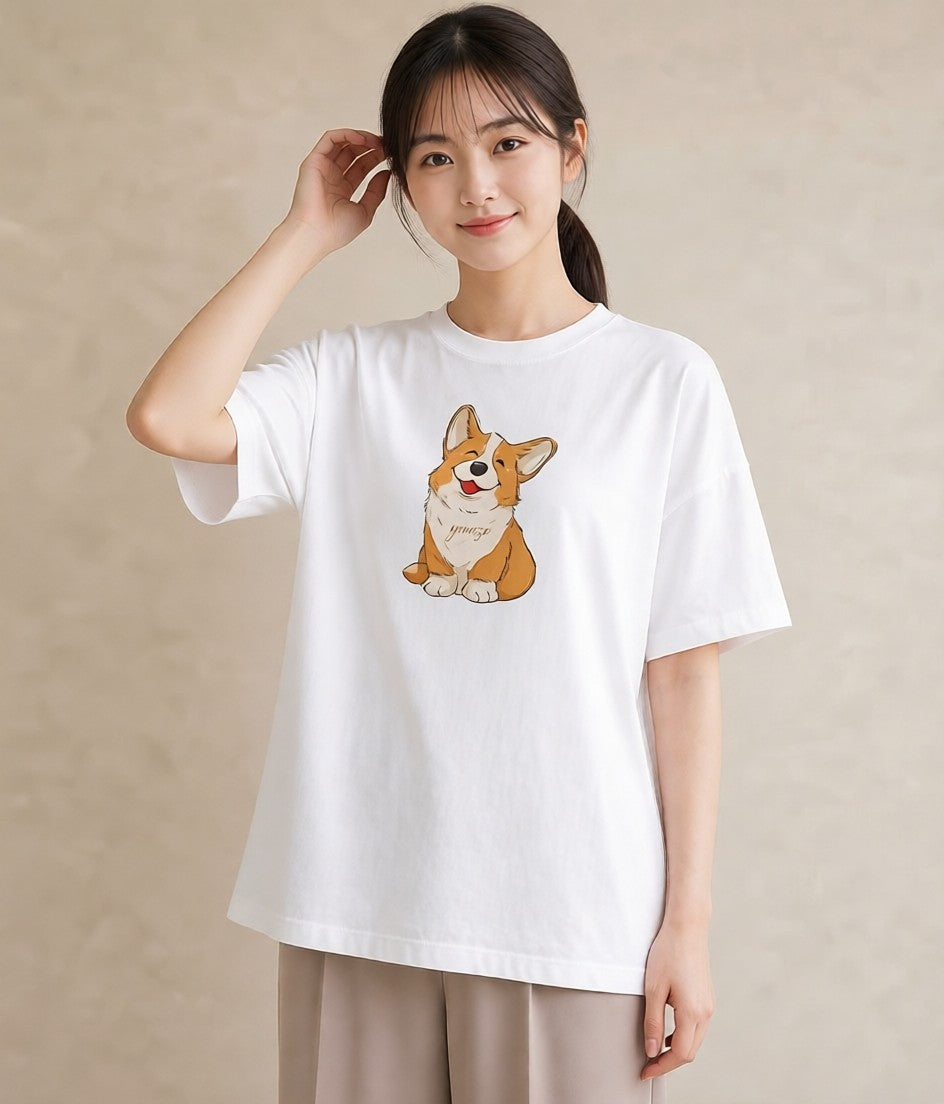 半袖Tシャツ レディース ウェルシュコーギー コーギー 犬 いぬ イラスト カジュアル 女性 旅行用 白T YMAZO