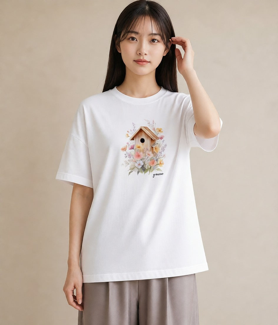 デザインTシャツ レディース 遠い家と鳥 風景 鳥 ナチュラル アンティーク イラスト ゆるコーデ 海 カフェ巡り 白T YMAZO