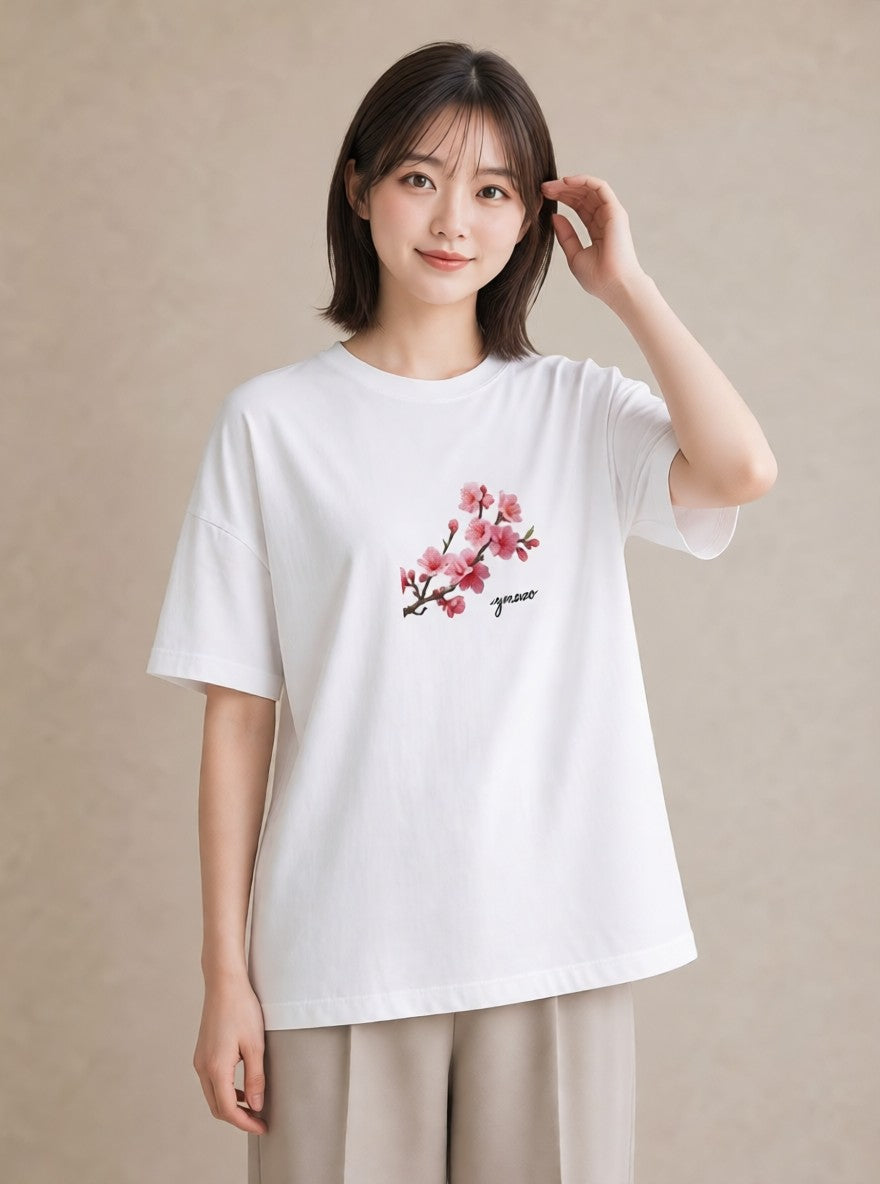 デザインTシャツ レディース 梅 花 花柄 イラスト 線画 ラフ レイヤード 白T YMAZO