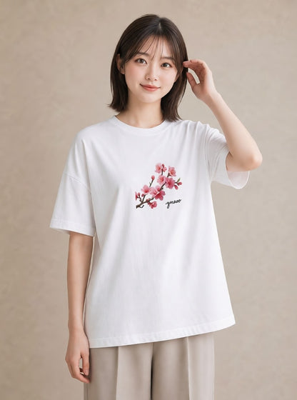 デザインTシャツ レディース 梅 花 花柄 イラスト 線画 ラフ レイヤード 白T YMAZO