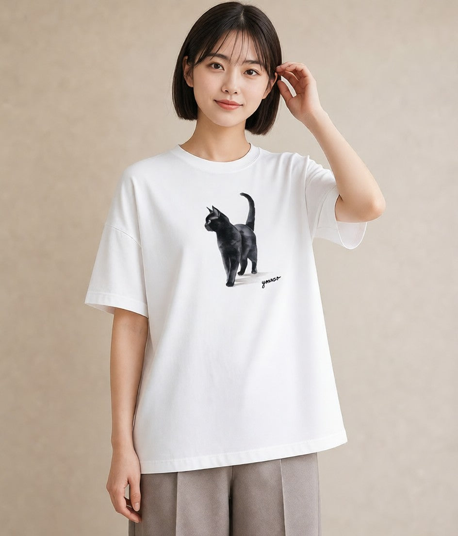 半袖Tシャツ レディース アビシニアン 猫 ねこ イラスト ラフ 旅行用 海 白T YMAZO