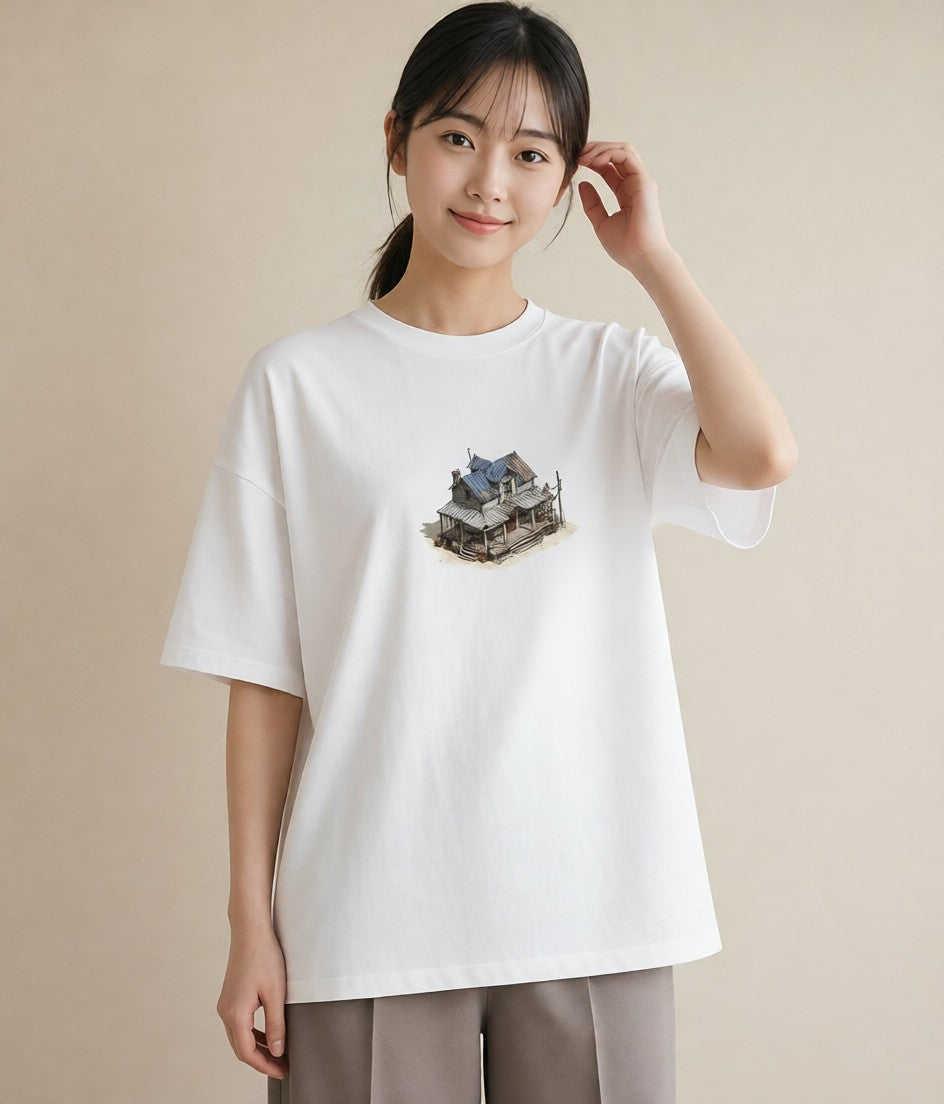 Tシャツ レディース 駅のホーム ローカル線 駅 ナチュラル アンティーク イラスト 手描き風 20代 カジュアルコーデ 白T YMAZO