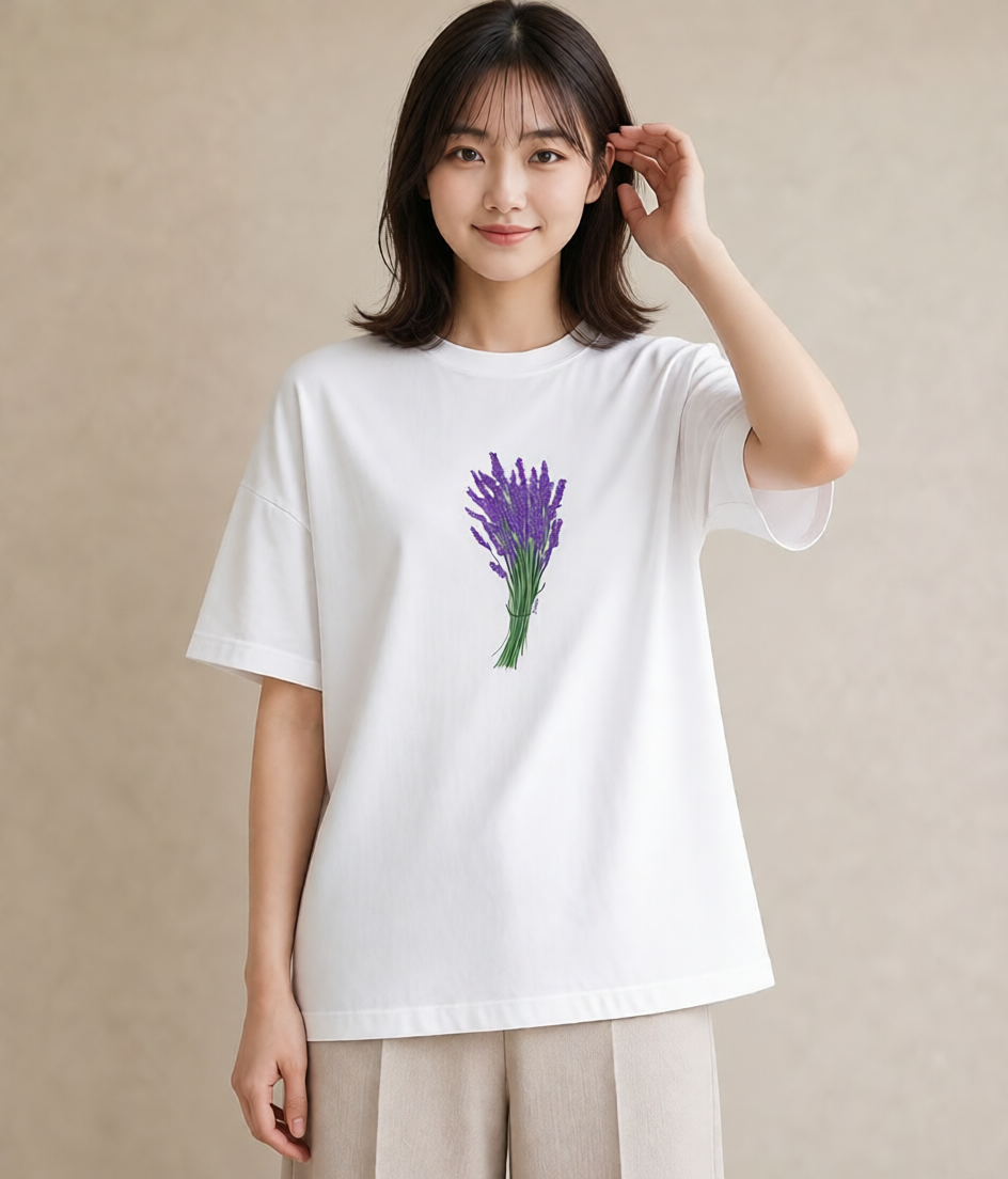 デザインTシャツ レディース ラベンダー 花 花柄 イラスト 個性的 カフェ服 クリスマス 白T