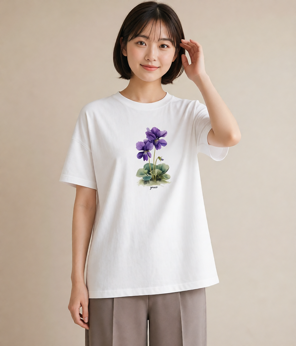 グラフィックTシャツ レディース パンジー 花 花柄 イラスト 普段使い 通学 誕生日プレゼント 白T