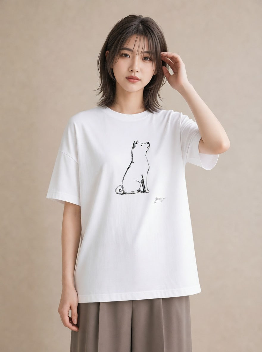 プリントTシャツ レディース 犬 いぬ わんこ イラスト 手描き風 公園 ママ 白T YMAZO
