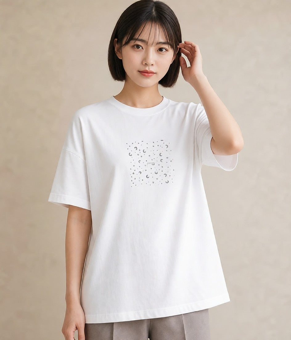 グラフィックTシャツ レディース 月と星 星空 ムーン イラスト カジュアル 旅行用 海 白T YMAZO
