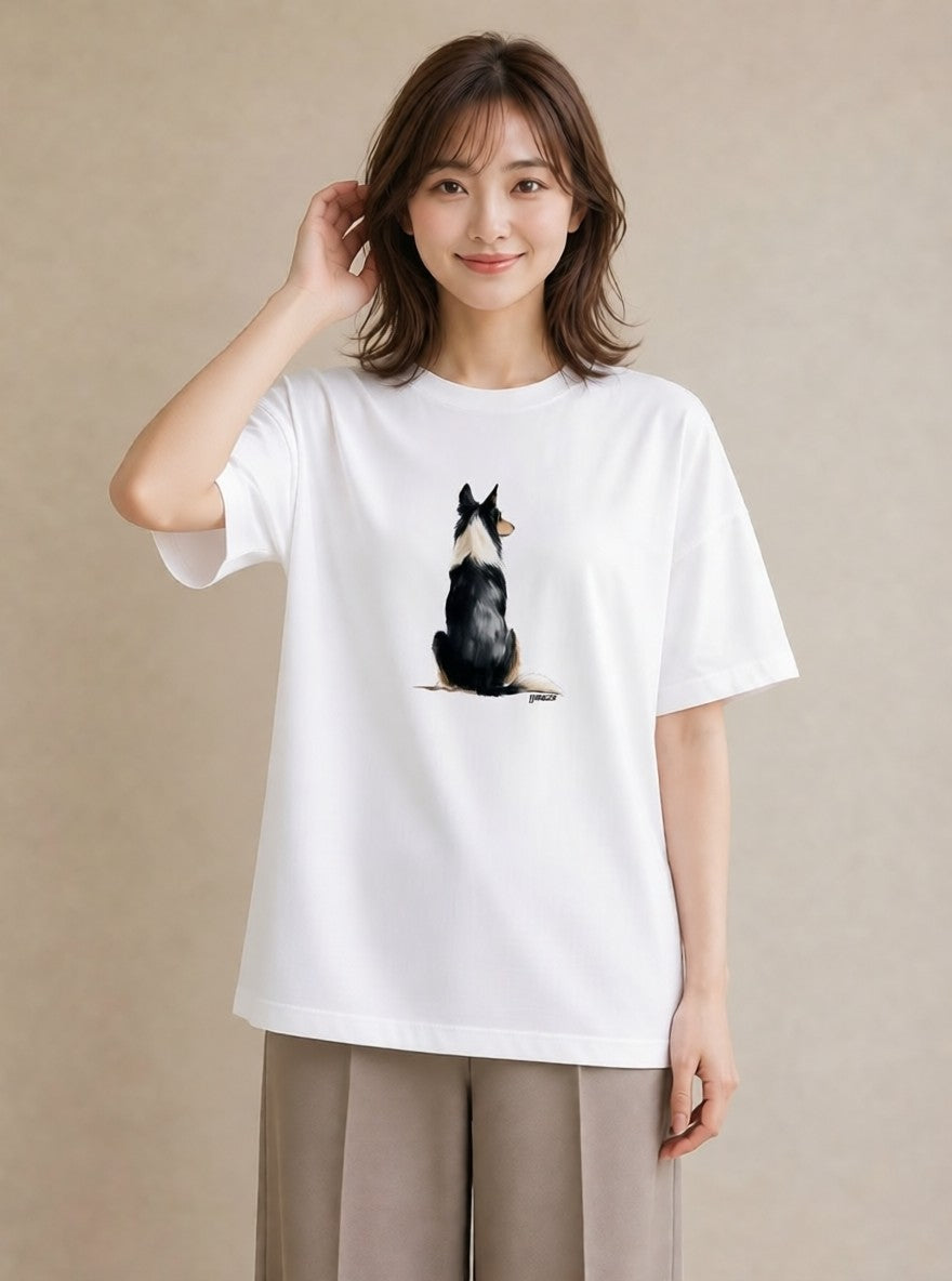 半袖Tシャツ レディース ボーダーコリー 犬 いぬ イラスト シンプル カフェ服 クリスマス 白T YMAZO