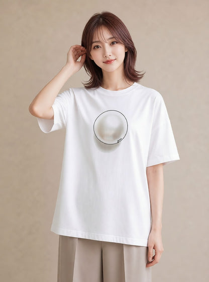 グラフィックTシャツ レディース パールピアス アクセサリー ナチュラル アンティーク イラスト ゆるコーデ 社会人 女性 白T YMAZO