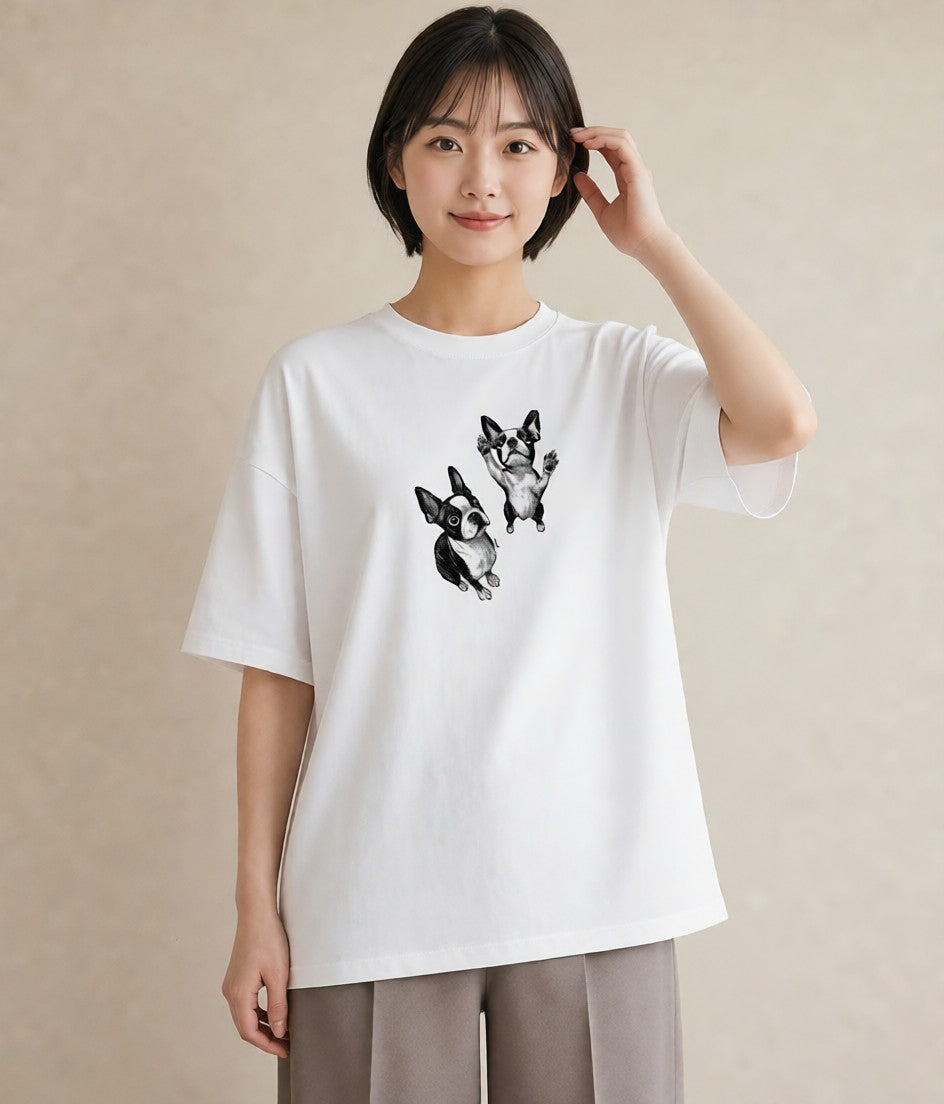 半袖Tシャツ レディース ボストンテリア 犬 いぬ イラスト ヴィンテージ風 秋コーデ おしゃれギフト 白T YMAZO