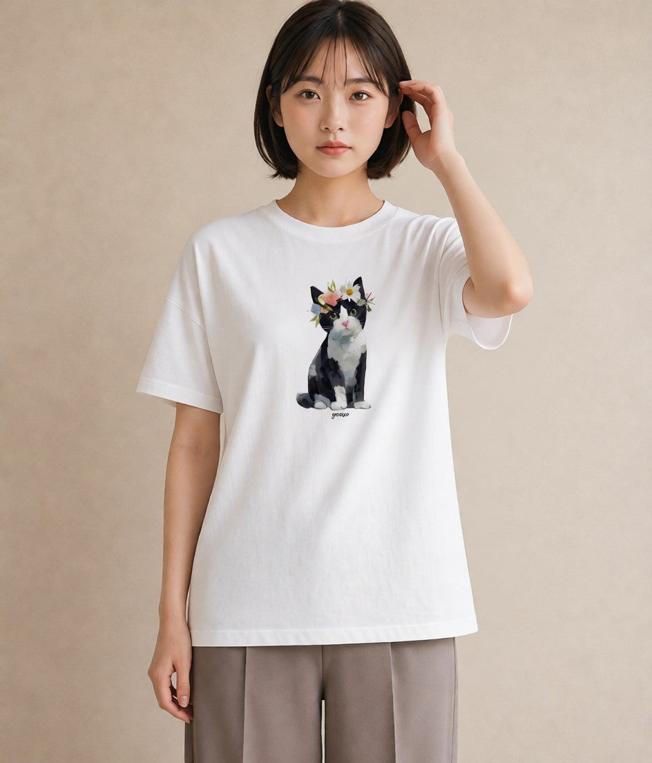 デザインTシャツ レディース 靴下猫 猫 ねこ イラスト ゆるコーデ 通勤 在宅 白T YMAZO