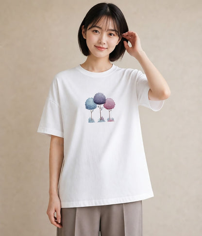 プリントTシャツ レディース 森 植物 ボタニカル イラスト 個性的 春服 ミセス 白T YMAZO