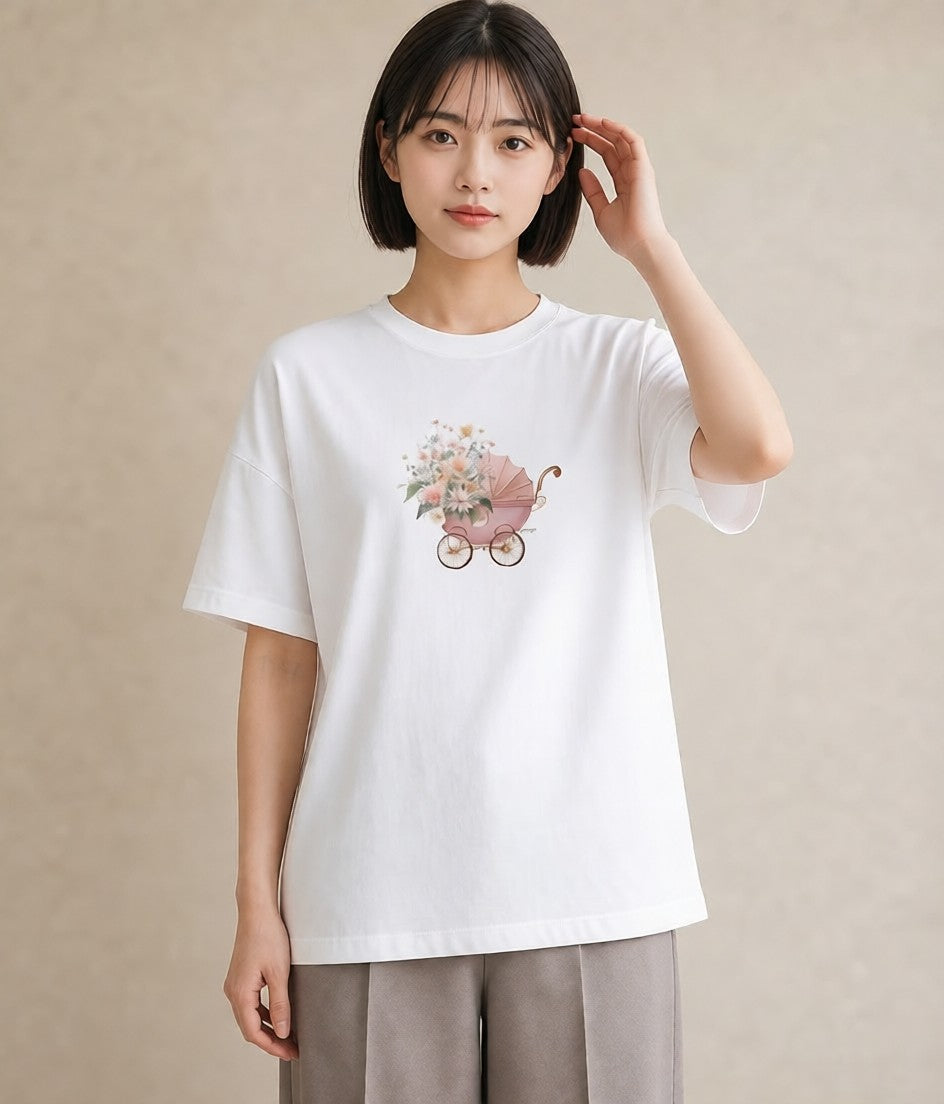 半袖Tシャツ レディース 自転車のかご 自転車 花かご ナチュラル アンティーク イラスト ラフカジュアル 普段着 週末コーデ 白T YMAZO