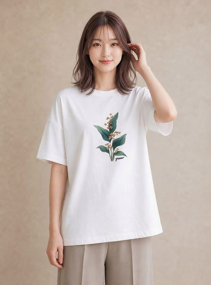 半袖Tシャツ レディース 金木犀 花 花柄 イラスト フェミニン 在宅 公園 白T YMAZO