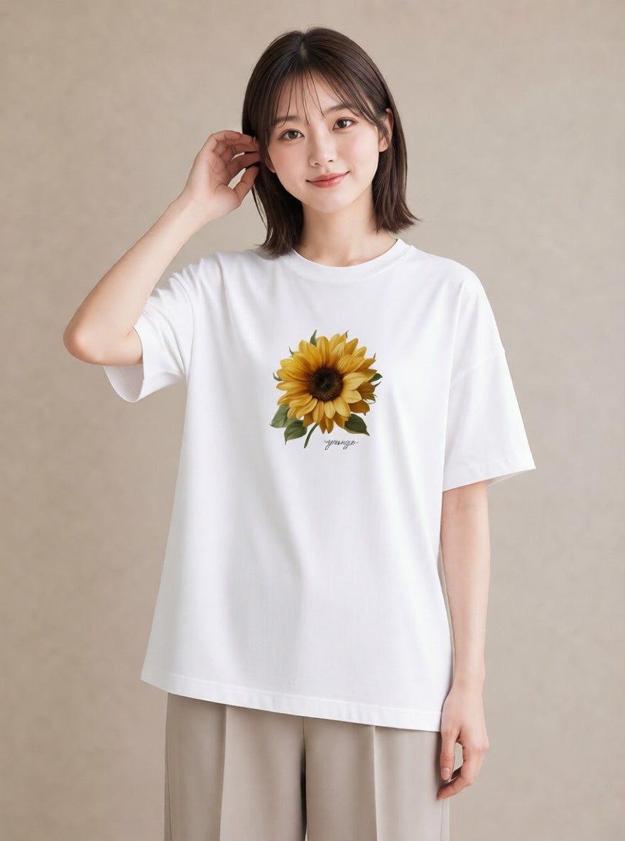 Tシャツ レディース ひまわり 向日葵 花 花柄 イラスト ミニマル 買い物 夏コーデ 白T YMAZO