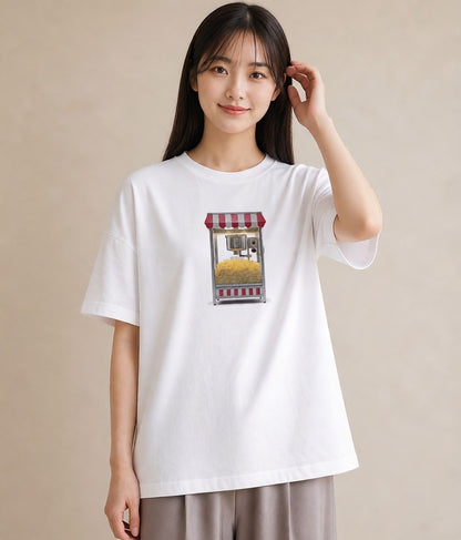 プリントTシャツ レディース ポップコーン 食べ物 フード イラスト ラフカジュアル 通勤 在宅 白T YMAZO