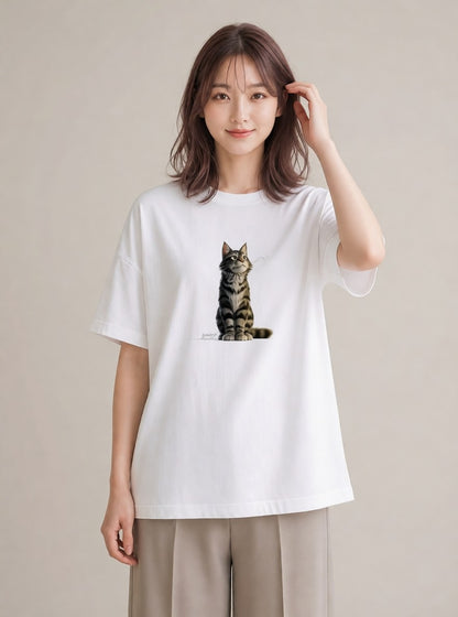 Tシャツ レディース サバトラ 猫 ねこ イラスト ラフ レイヤード 白T YMAZO