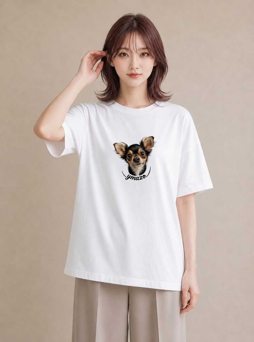 半袖Tシャツ レディース ロングコートチワワ 犬 いぬ イラスト ミニマル 姉妹 送別ギフト 白T YMAZO