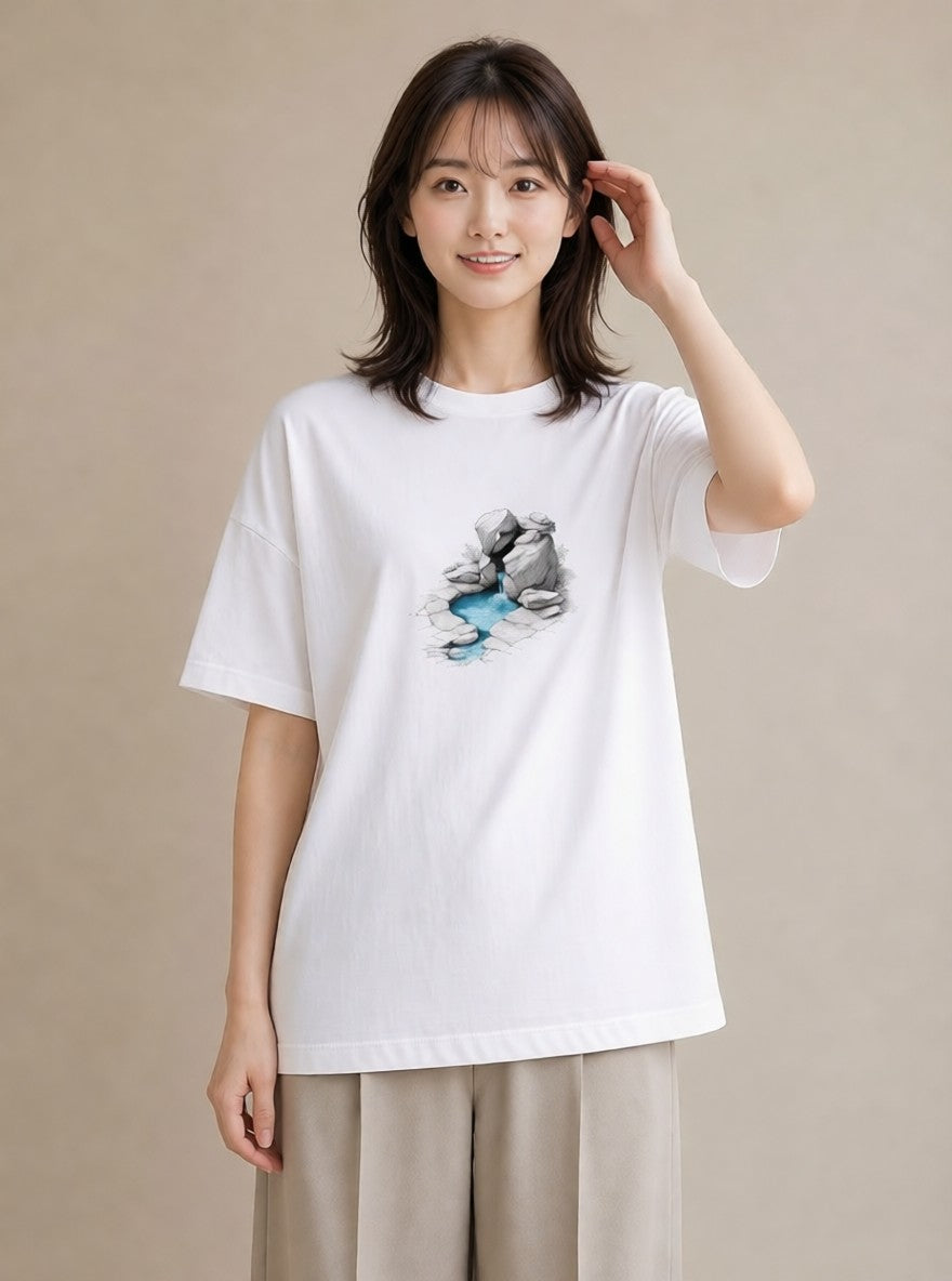 グラフィックTシャツ レディース 小川 橋 せせらぎ ナチュラル アンティーク イラスト カジュアルコーデ 買い物 白T YMAZO