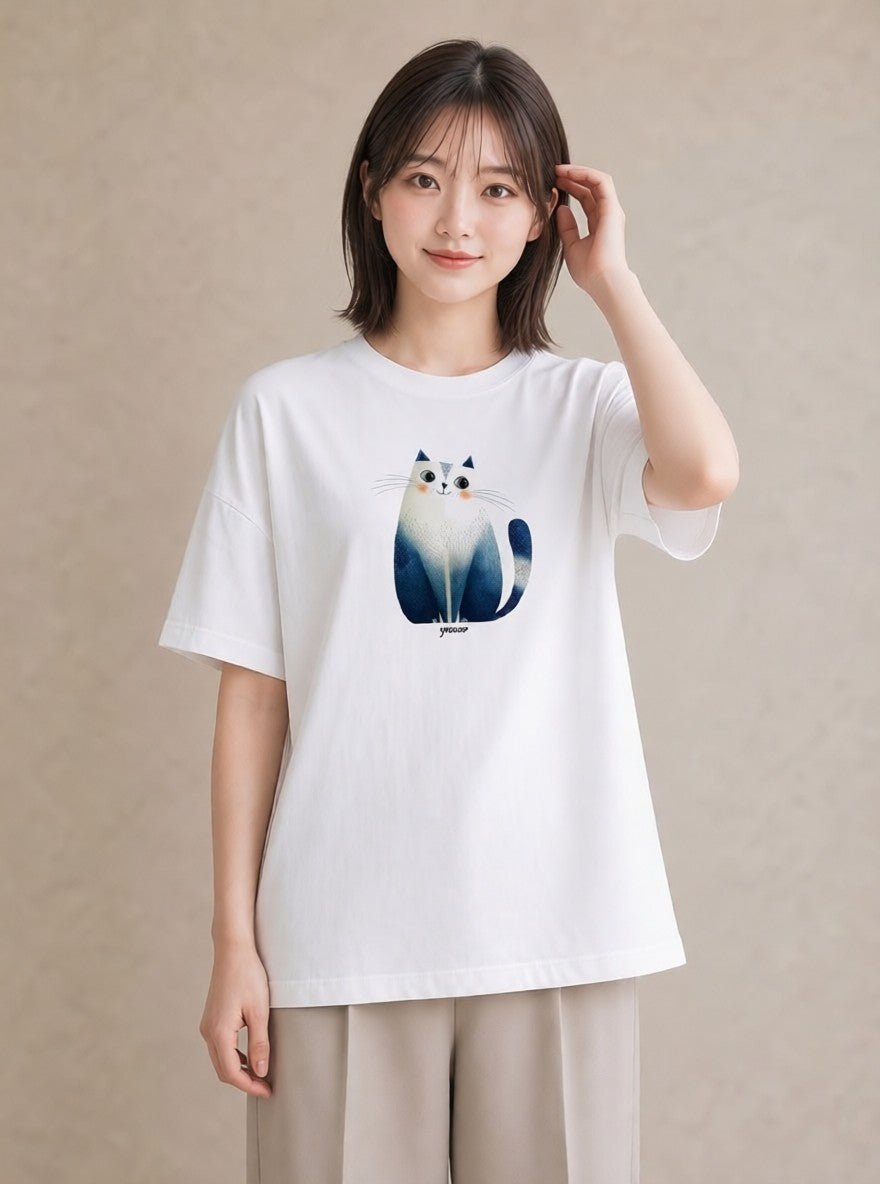 Tシャツ レディース ペルシャ 猫 ねこ イラスト ボタニカル 20代 カジュアルコーデ 白T YMAZO