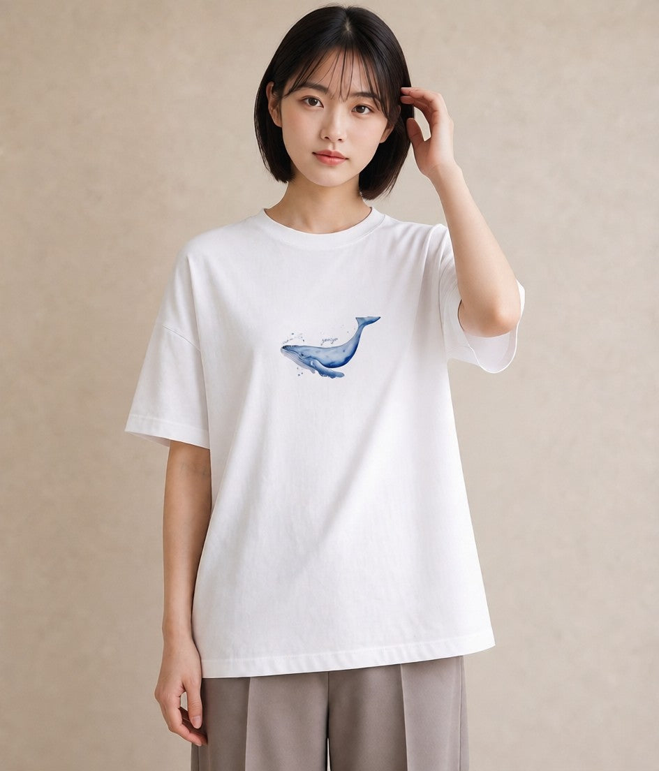 プリントTシャツ レディース クジラ 海の生き物 海 イラスト ナチュラル 休日 ペアコーデ 白T YMAZO