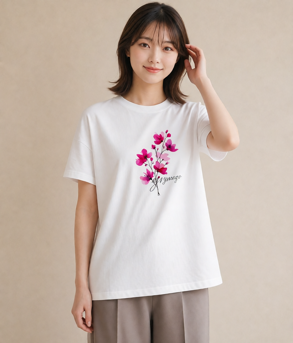 Tシャツ レディース 梅 花 花柄 イラスト きれいめカジュアル 社会人 女性 白T