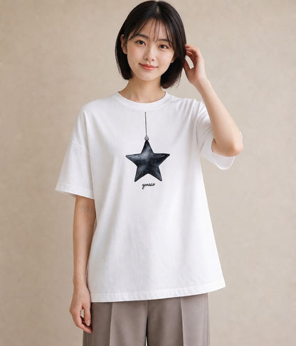 プリントTシャツ レディース スター 星空 宇宙 イラスト ゆるかわ ミセス 春コーデ 白T YMAZO