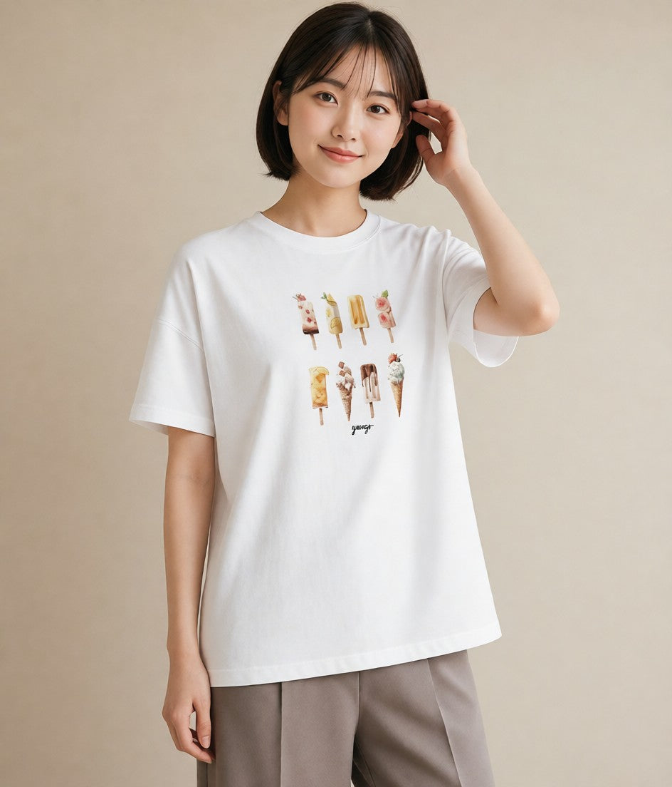 プリントTシャツ レディース ソフトクリーム 食べ物 フード イラスト カフェコーデ 休日 ペアコーデ 白T YMAZO