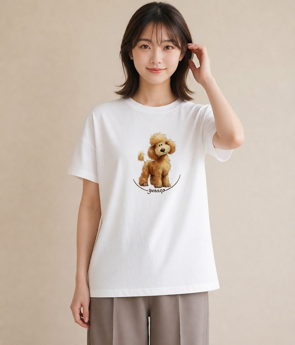 半袖Tシャツ レディース トイプードル プードル 犬 いぬ イラスト 手描き風 カジュアルコーデ 買い物 白T YMAZO