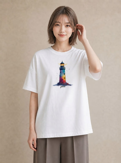 グラフィックTシャツ レディース 灯台 霧 海 ナチュラル アンティーク イラスト モード 秋コーデ おしゃれギフト 白T YMAZO