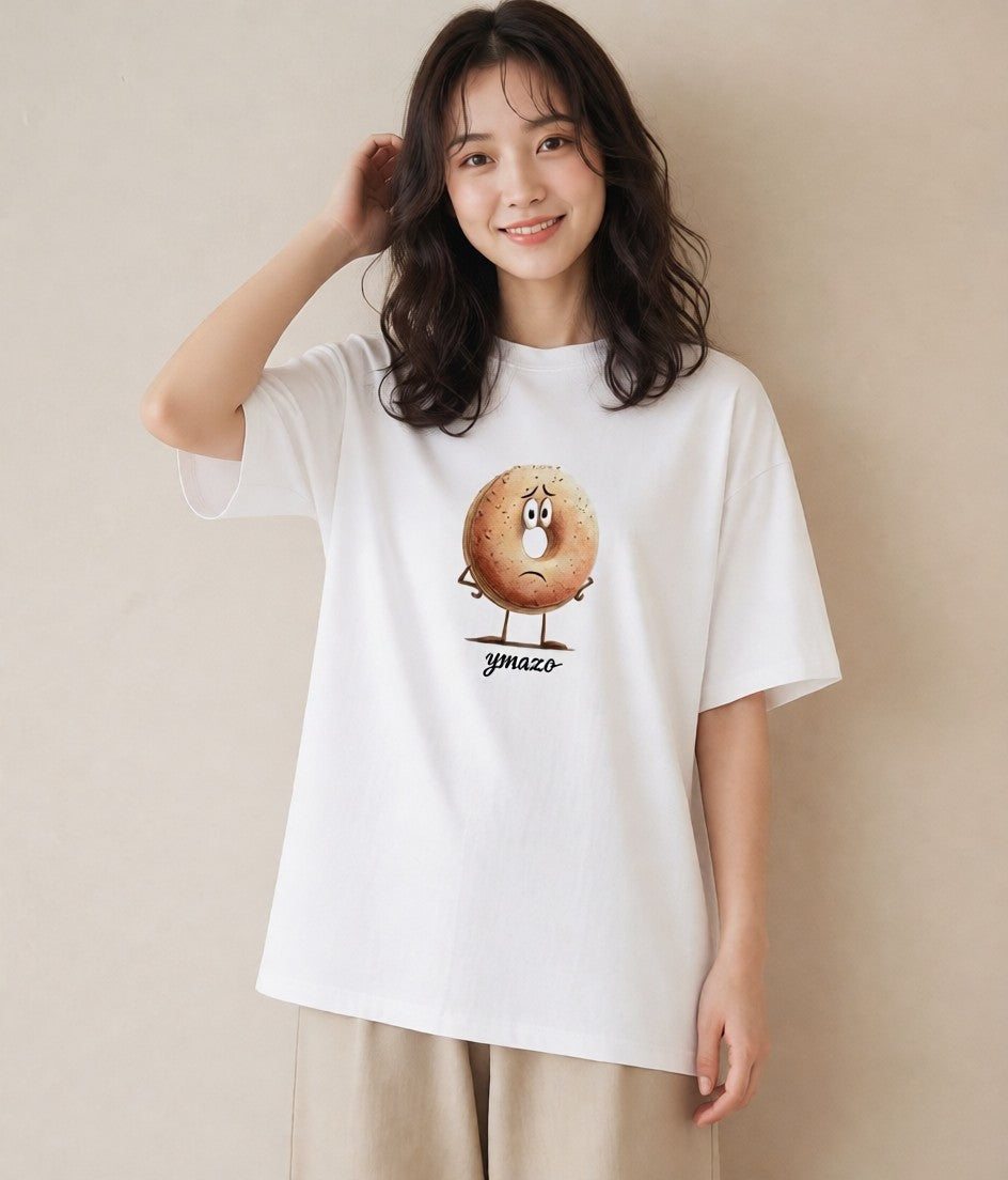 プリントTシャツ レディース ベーグル 食べ物 フード イラスト ミニマル 親子 20代 白T YMAZO
