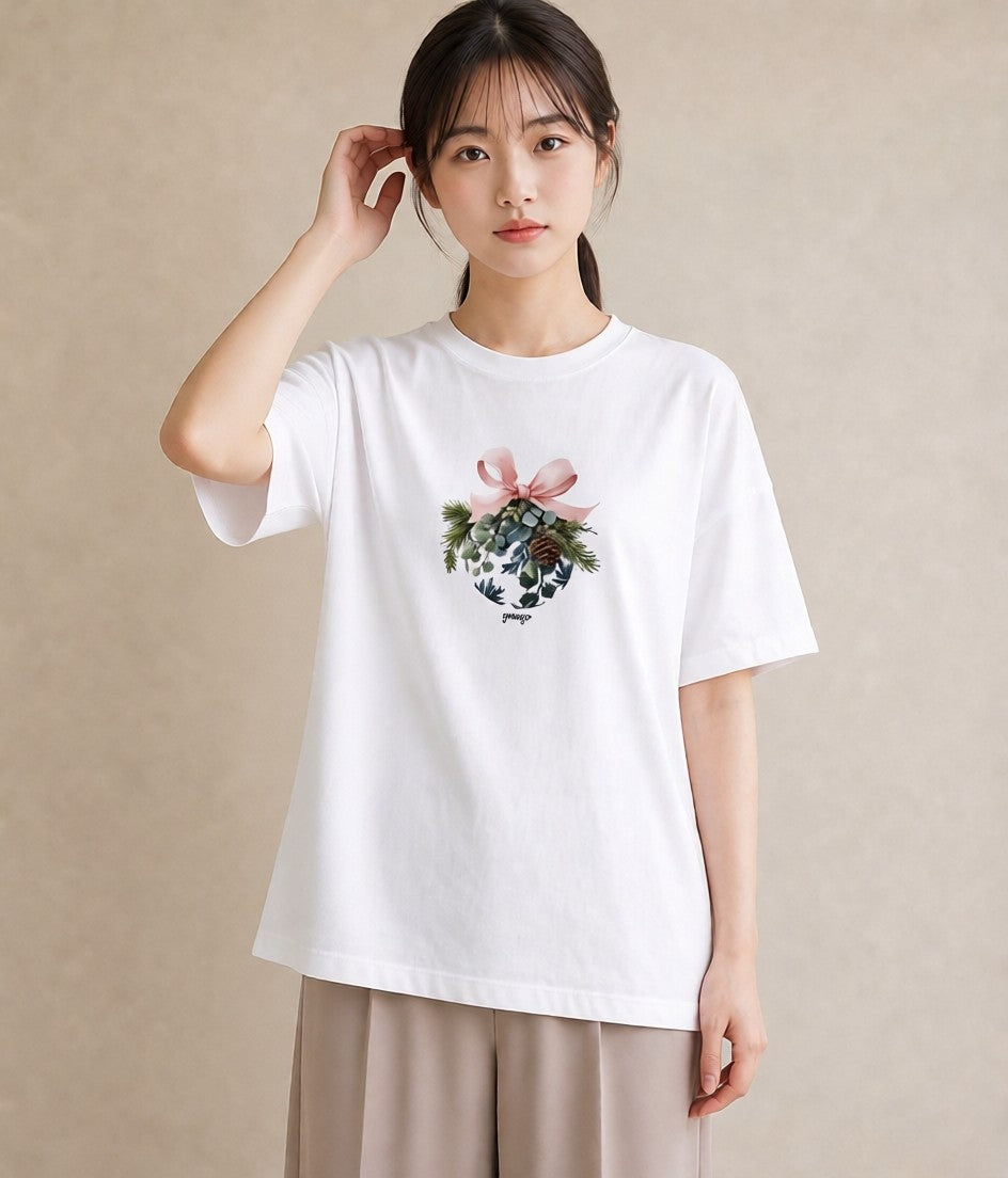 Tシャツ レディース 松ぼっくり 植物 ボタニカル イラスト 韓国風 秋コーデ おしゃれギフト 白T YMAZO
