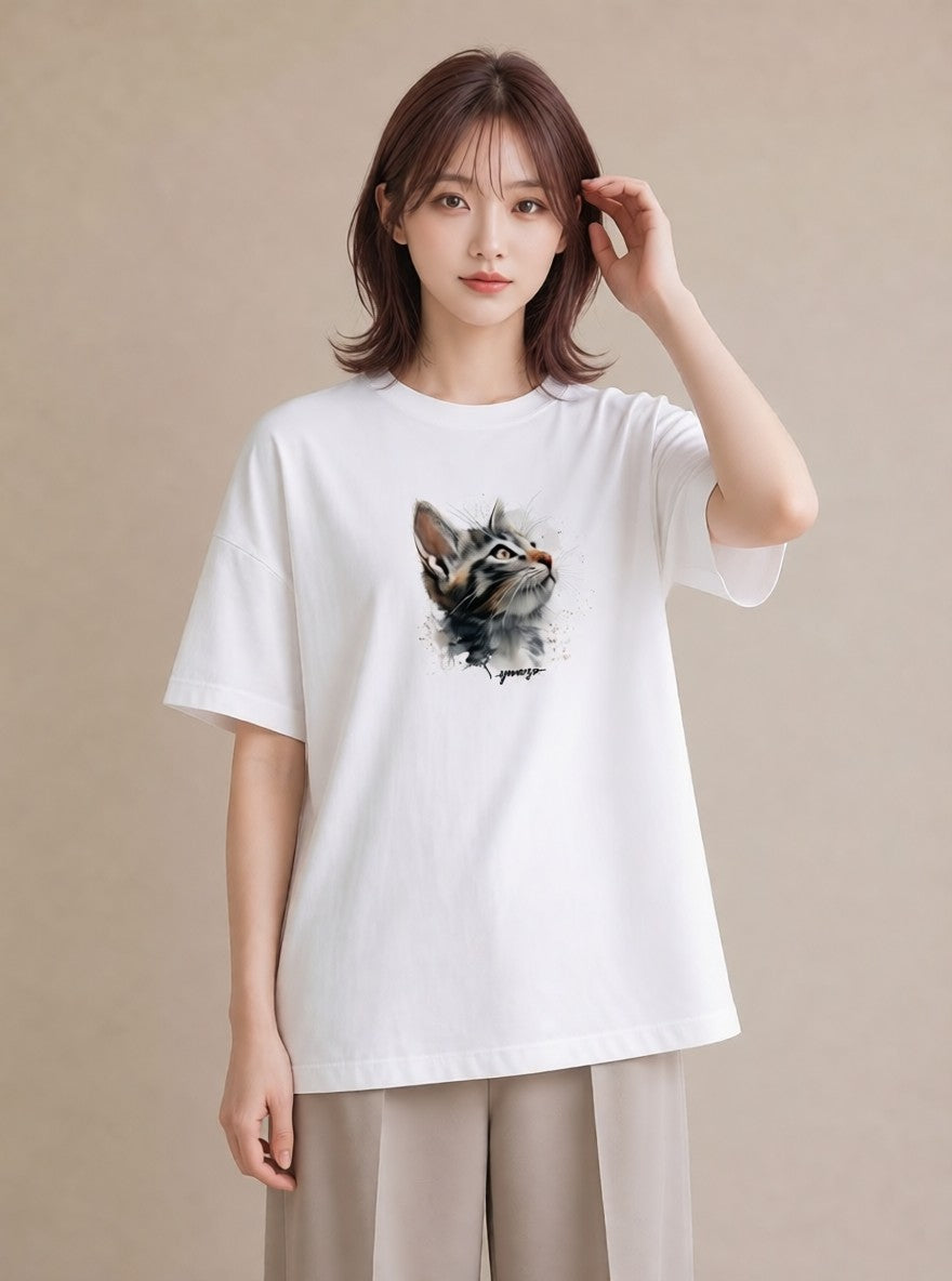 デザインTシャツ レディース 愛猫 猫 ねこ イラスト 韓国風 ミセス 春コーデ 白T YMAZO