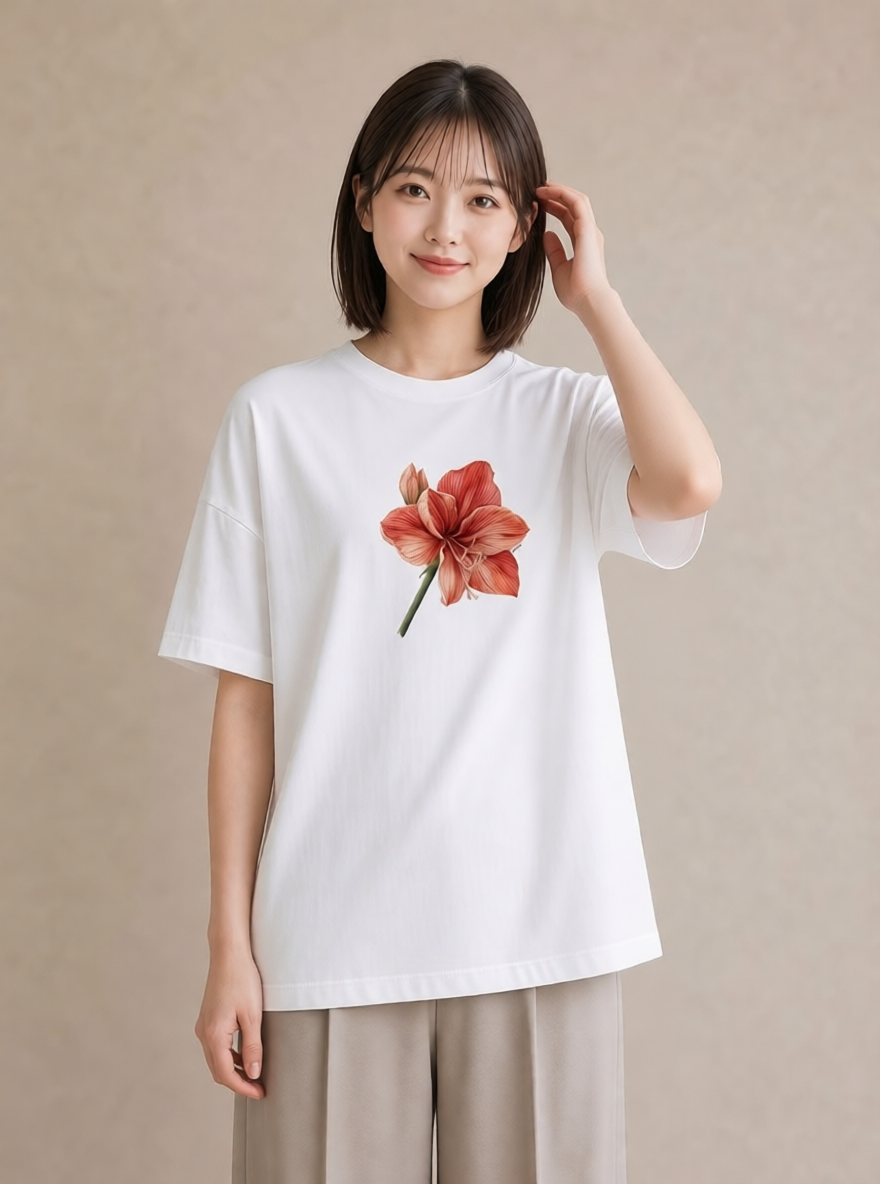グラフィックTシャツ レディース ゆり 百合 花 花柄 イラスト きれいめカジュアル ビーチ デイリーウェア 白T