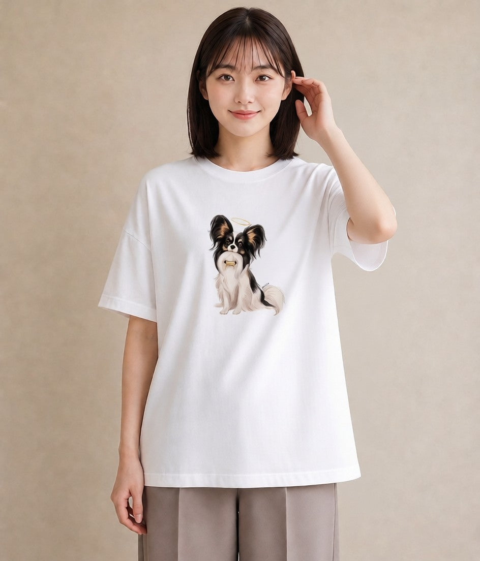 デザインTシャツ レディース パピヨン 犬 いぬ イラスト シック カフェ巡り 女子会 白T YMAZO