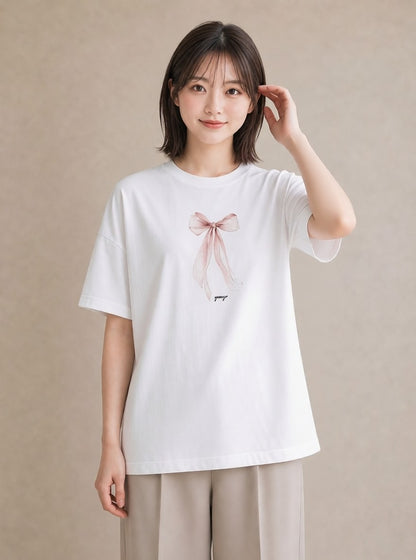 Tシャツ レディース リボン 蝶結び ナチュラル アンティーク イラスト ゆるコーデ 送別ギフト 通勤 白T YMAZO