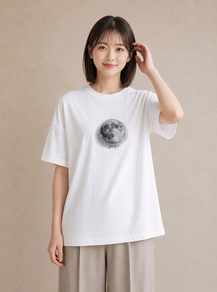 プリントTシャツ レディース 満月 星空 宇宙 イラスト アート風 旅行 母娘コーデ 白T YMAZO
