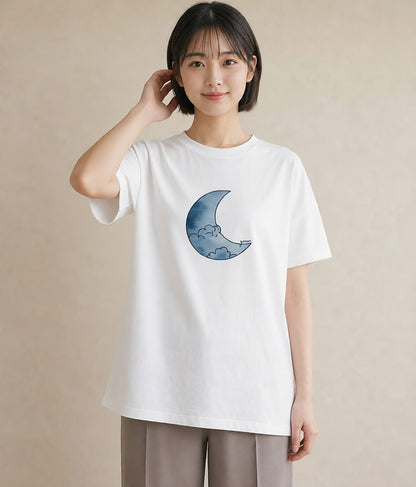 プリントTシャツ レディース 満月 星空 宇宙 イラスト ゆるコーデ 友達ギフト 部屋着 白T YMAZO