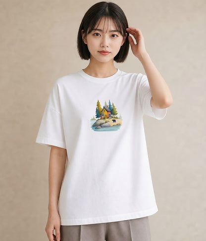 プリントTシャツ レディース 湖畔の小屋 湖 小屋 ナチュラル アンティーク イラスト 抜け感 デート 帰省 白T YMAZO