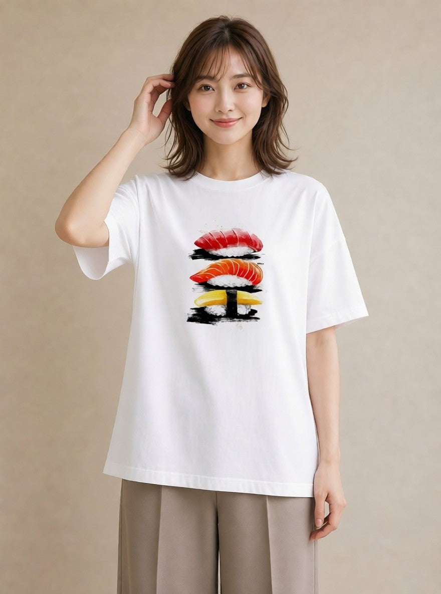 Tシャツ レディース お寿司 食べ物 フード イラスト ラフカジュアル 海 カフェ巡り 白T YMAZO