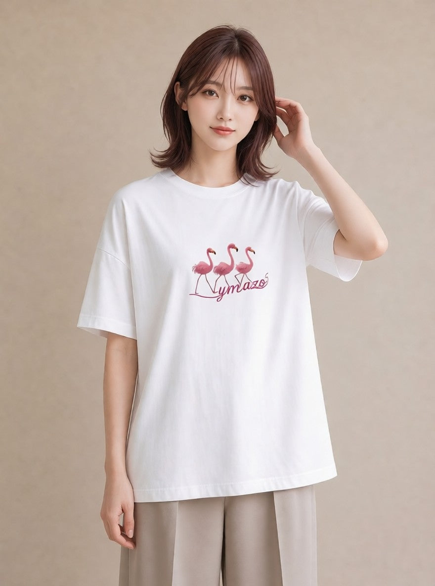 Tシャツ レディース フラミンゴ 動物 アニマル イラスト モード 通勤 在宅 白T YMAZO