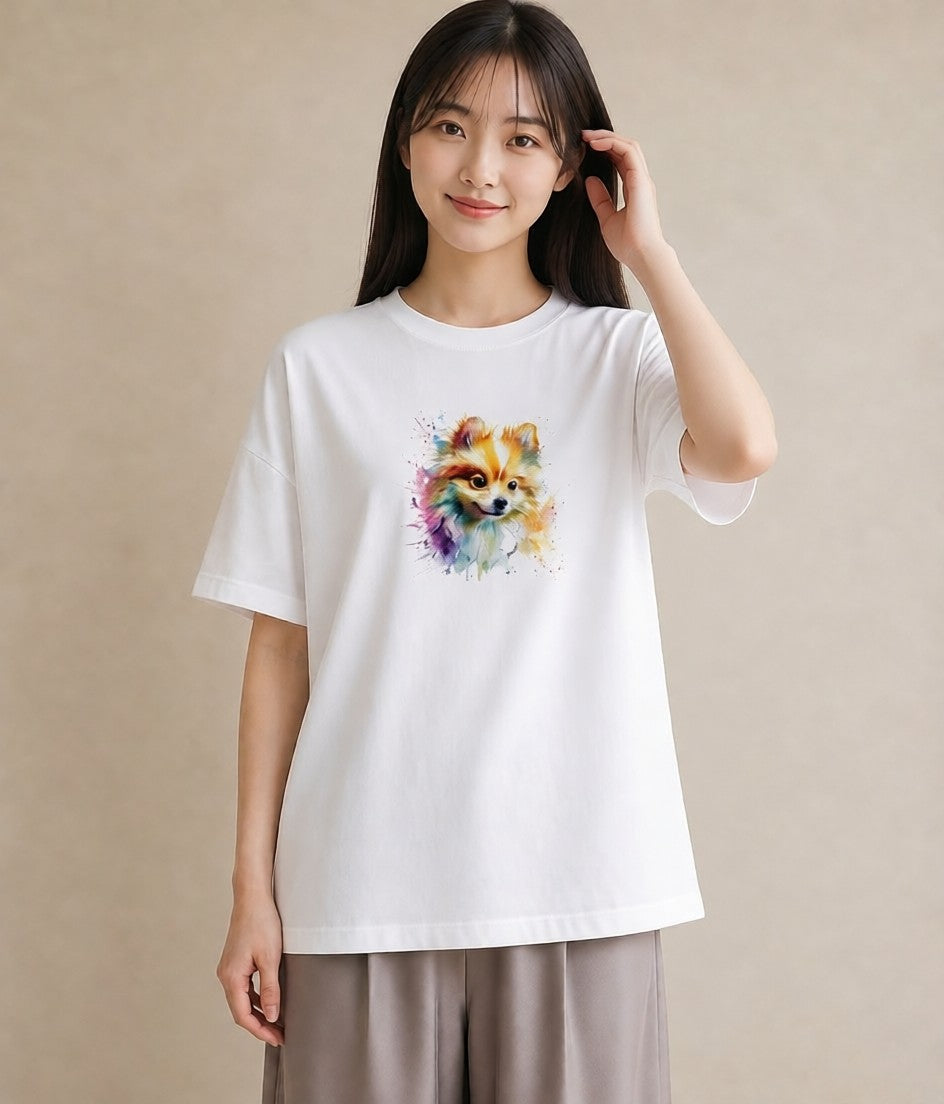 プリントTシャツ レディース ポメラニアン ポメ 犬 いぬ イラスト 淡色 お出かけ 普段着 白T YMAZO
