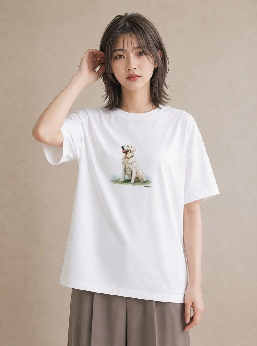 デザインTシャツ レディース ゴールデンレトリバー ゴールデン 犬 いぬ イラスト カフェコーデ レイヤード 友達ギフト 白T YMAZO