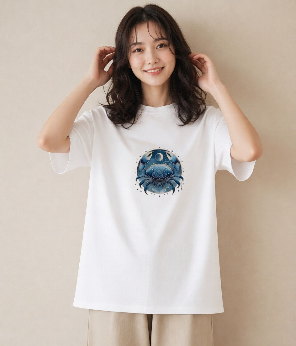 グラフィックTシャツ レディース 蟹座 星空 宇宙 イラスト モード 綿100 デート 白T YMAZO