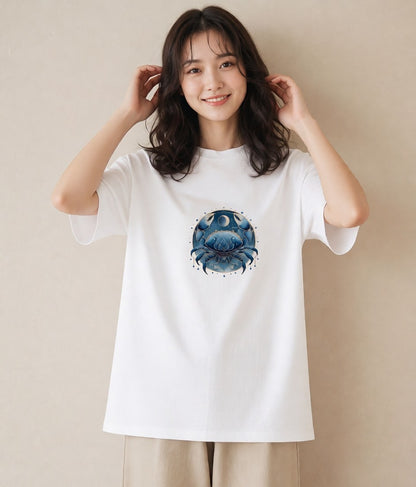 グラフィックTシャツ レディース 蟹座 星空 宇宙 イラスト モード 綿100 デート 白T YMAZO